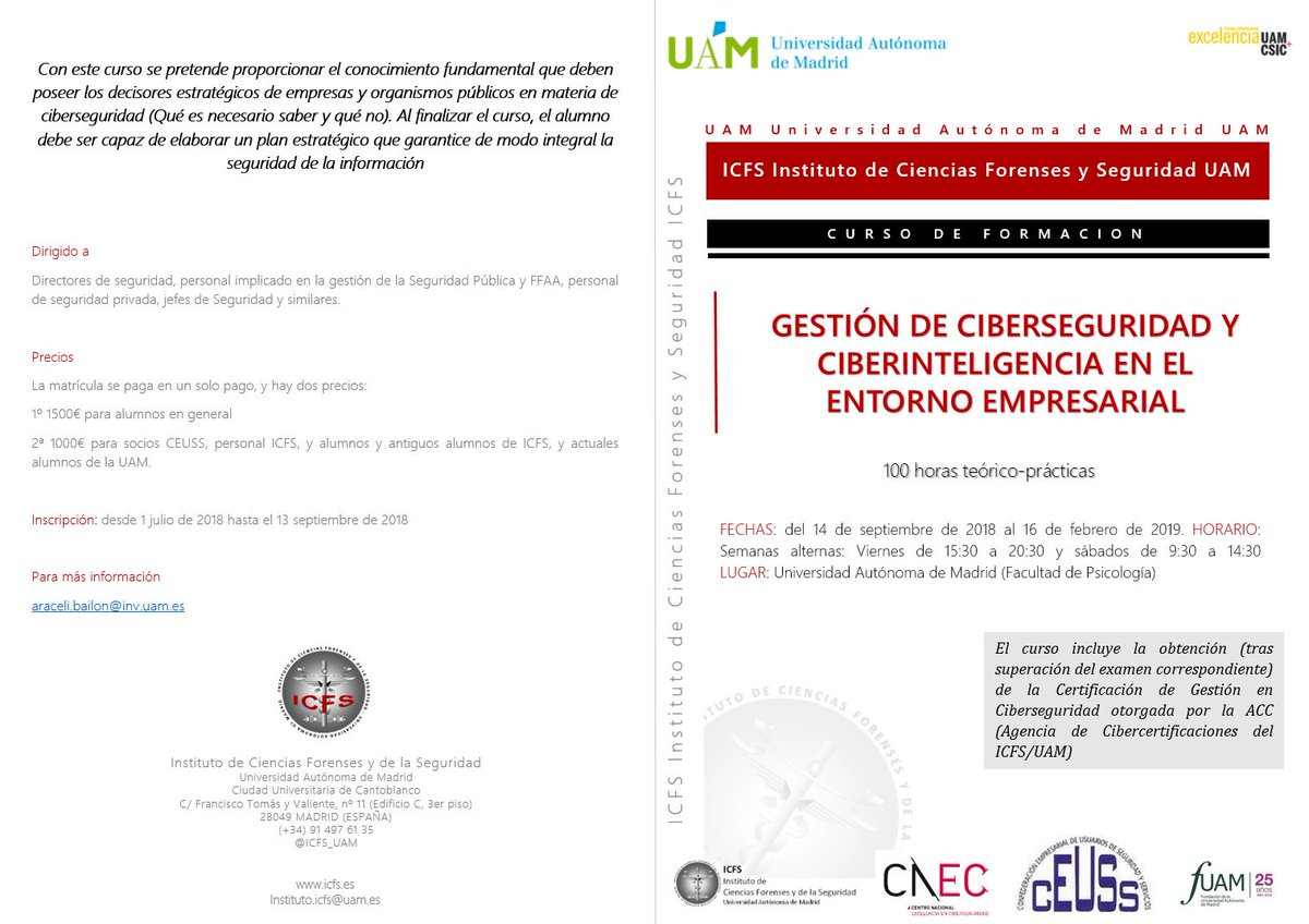 ICFS_UAM's tweet photo. Anunciamos nuevo curso en colaboración con la Confederación Empresarial de Usuarios de #Seguridad y Servicios #CEUSS "Gestión de #ciberseguridad y #ciberinteligencia en el entorno empresarial" Comenzamos el 14 de septiembre
https://t.co/dcLFT6jHMr https://t.co/oaWiTQtt5l