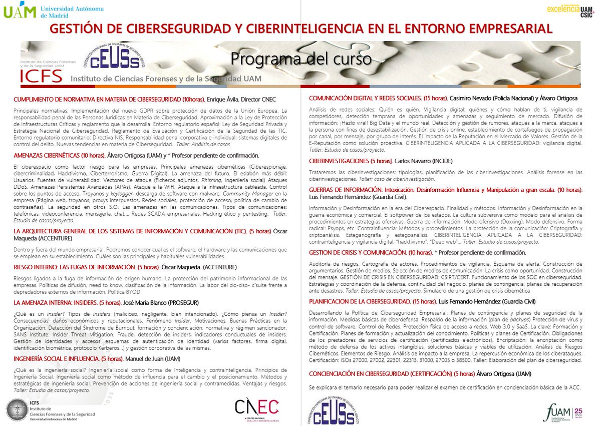 ICFS_UAM's tweet photo. Anunciamos nuevo curso en colaboración con la Confederación Empresarial de Usuarios de #Seguridad y Servicios #CEUSS "Gestión de #ciberseguridad y #ciberinteligencia en el entorno empresarial" Comenzamos el 14 de septiembre
https://t.co/dcLFT6jHMr https://t.co/oaWiTQtt5l