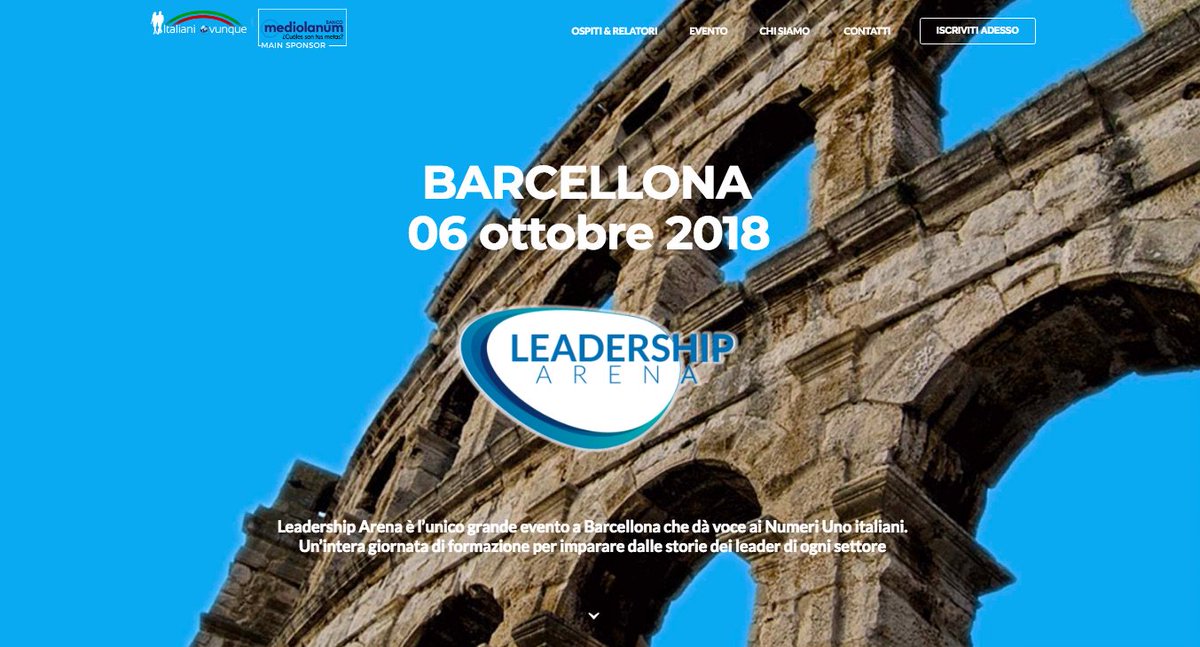 ‼️Nace a Barcelona: "Leadership Arena"‼️ el gran evento de formación, comunicación y  “storytelling motivazionale” dedicado a la promoción del TALENTO ITALIANO🇮🇹 Para más info, visita el sitio web italianiovunque.com/2018/07/barcel…
#italuaniovunque <a href="/ItalianiOvunque/">ItalianiOvunque</a> <a href="/leadershiparena/">The Leadership Arena</a>