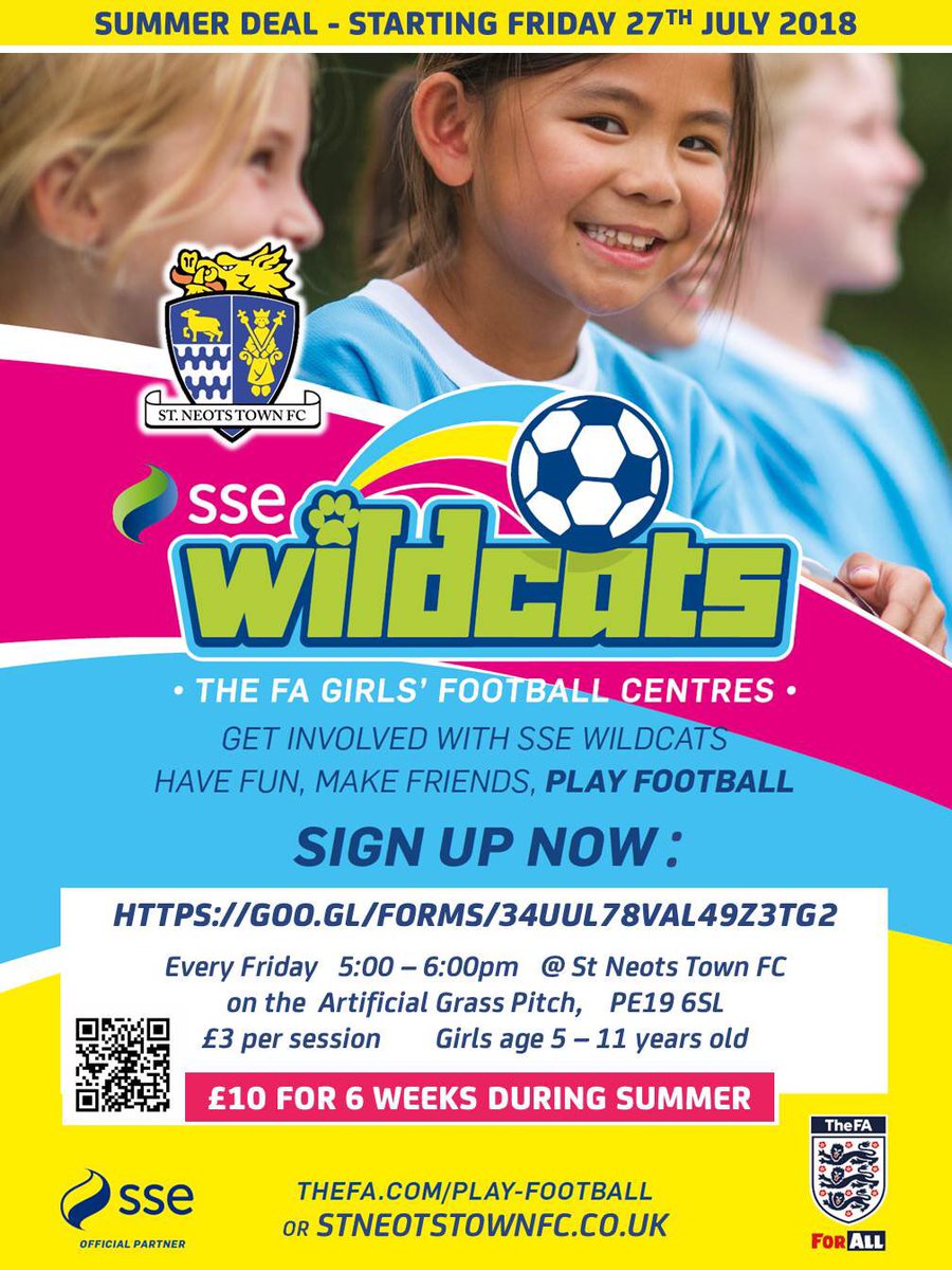 SUMMER DEAL 2018:
St Neots Town SSE Wildcats 🦁⚽️ <a href="/HuntsFA/">Huntingdonshire FA</a> <a href="/FA/">The FA</a> 

Fun weekly sessions for girls!

🏟️ - <a href="/StNeotsTownFC/">St Neots Town F.C. Official</a> 
📅- Every Friday
⏰- 5:00 - 6:00pm
👧- Girls aged 5-11
💰- £10 for 6 weeks
⚽️- BEGINNERS WELCOME 

SIGN UP ONLINE NOW@ goo.gl/forms/34UuL78v…