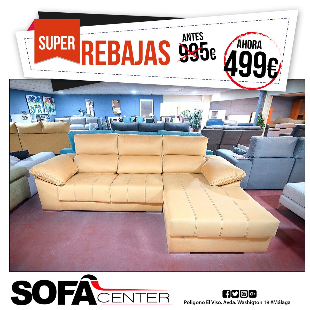 Aprovéchate de las #REBAJAS de #SofáCenter!! 
👉# Chaisslongue antes ❌995€  #rebajado a ✔️499€ 
¡¡Ven que estas #ofertas vuelan!!🕊️

Estamos en #Málaga👉 Pol. El Viso, Avda. Washington 19