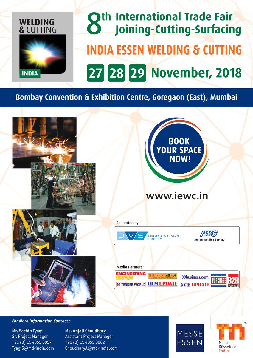 IndiaWelding's tweet photo. India Essen Welding &amp; Cutting
Book your Space now 
8th International Trade Fair: Joining-Cutting-Surfacing
27-28-29 November 2018, 
Bombay Exhibition &amp; Exhibition Centre, Goregaon, Mumbai
#bookyourticketsnow #indiaessenweldingcutting
#MetalFairinIndia2018 #MesseEssenshowinIndia https://t.co/TWBioGpXqZ