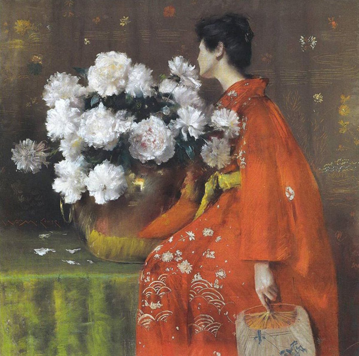 bernimora17's tweet photo. 378. “Spring Flowers”, 1889, de William Merritt Chase. Aquí el pintor muestra a su joven alumna Lydia Field Emmet –con un vivo kimono rojo–, dando la espalda al espectador para sentir la poderosa fragancia de un jarrón con peonías. #williammerrittchase #revistaportaldelaseu https://t.co/h2gETMckTP