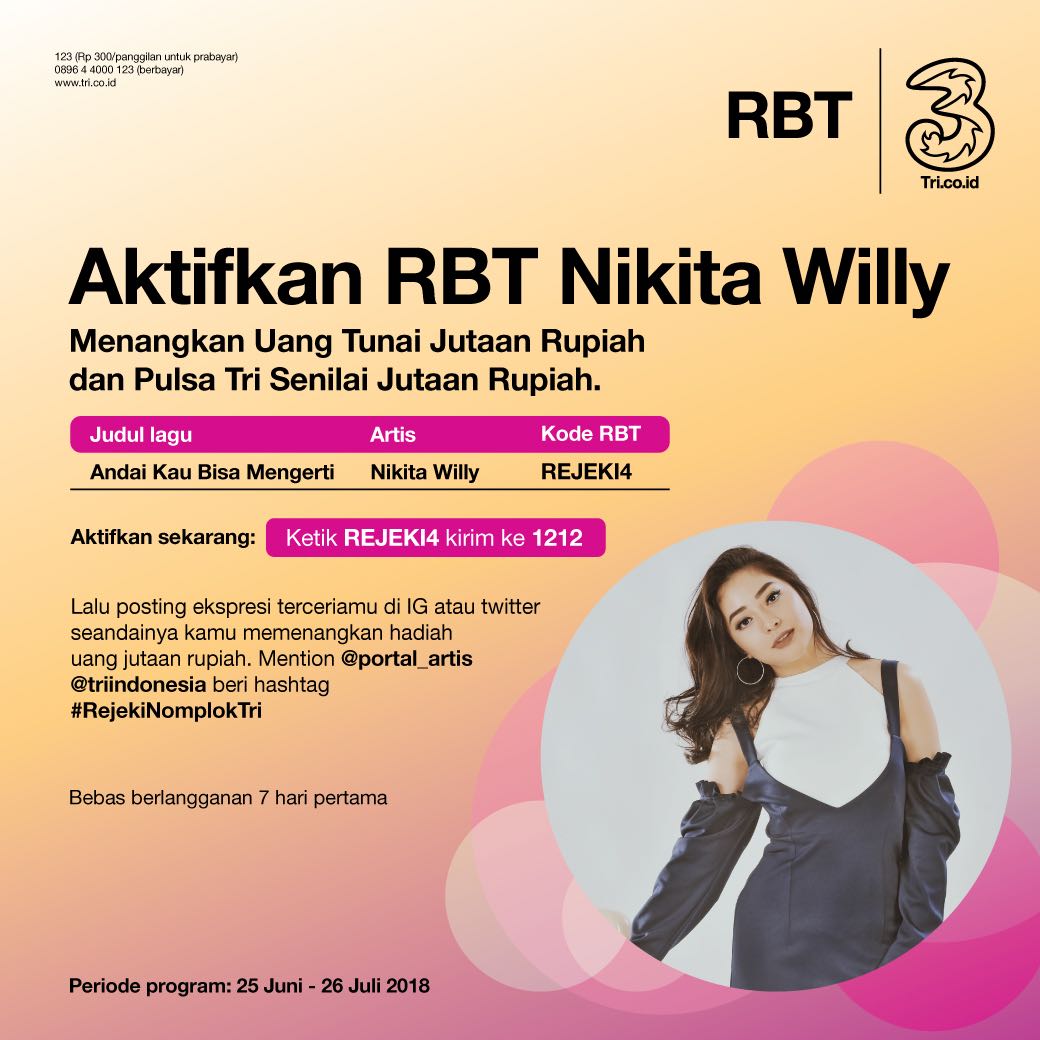 port_btc's tweet photo. Mau Uang Tunai dan Pulsa Jutaan Rupiah. Aktifkan RBTnya. Status RBT @nikitawilly_24 Ketik REJEKI4 kirim ke 1212 Posting ekspresi terceriamu di IG/ Twitter Seandainya kamu memenangkan hadiah uang jutaan rupiah. Mention ke @PORTAL_ARTIS &amp; @triindonesia #RejekiNomplokTri Good Luck. https://t.co/SJvm5U0f3t