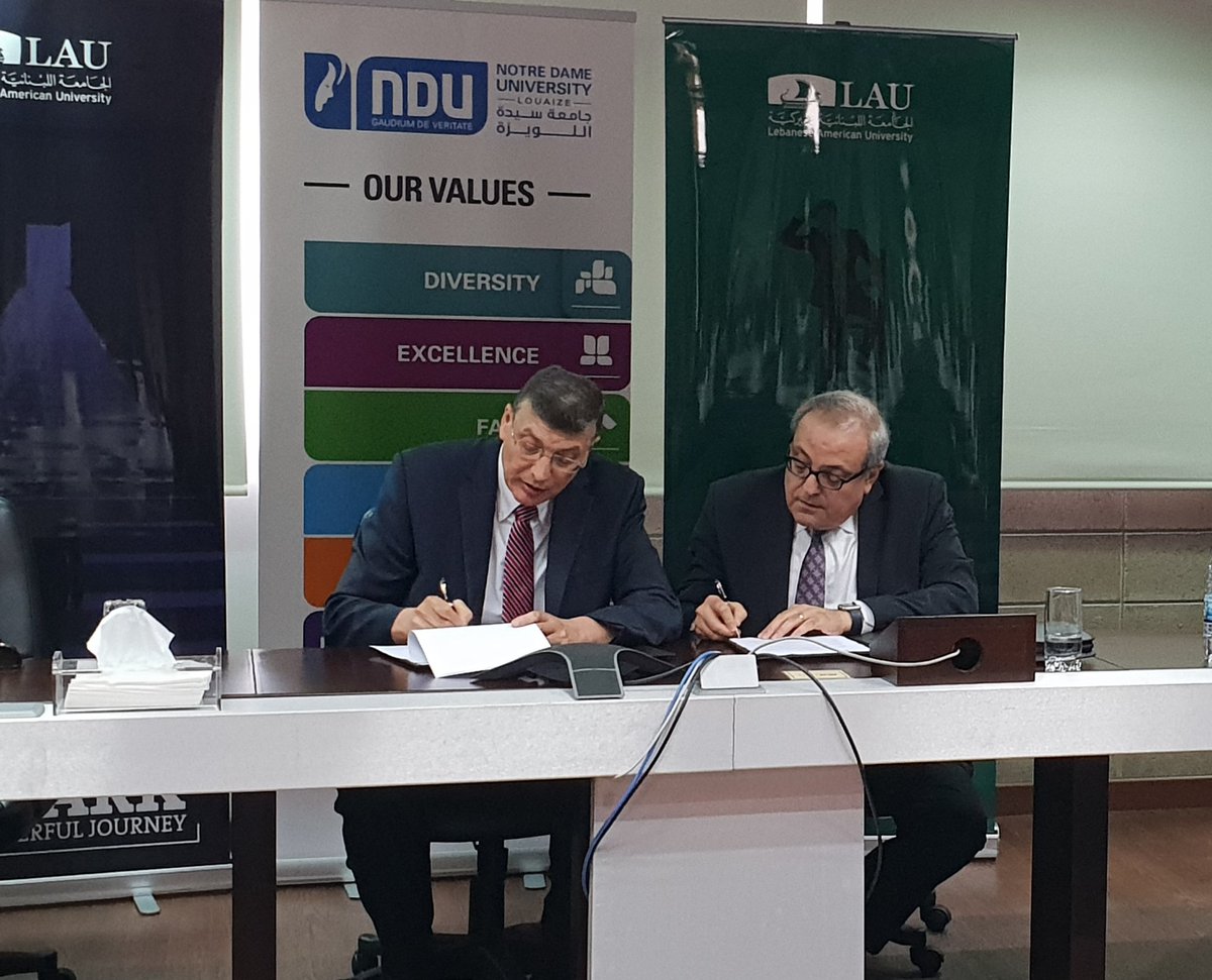 NDU_Louaize's tweet photo. Memorandum of Understanding (“MoU”) between @LebAmUniv #AKSOB and @NDU_Louaize #FBAE on educational, training and research cooperation. https://t.co/0Ik8mkb3Xk