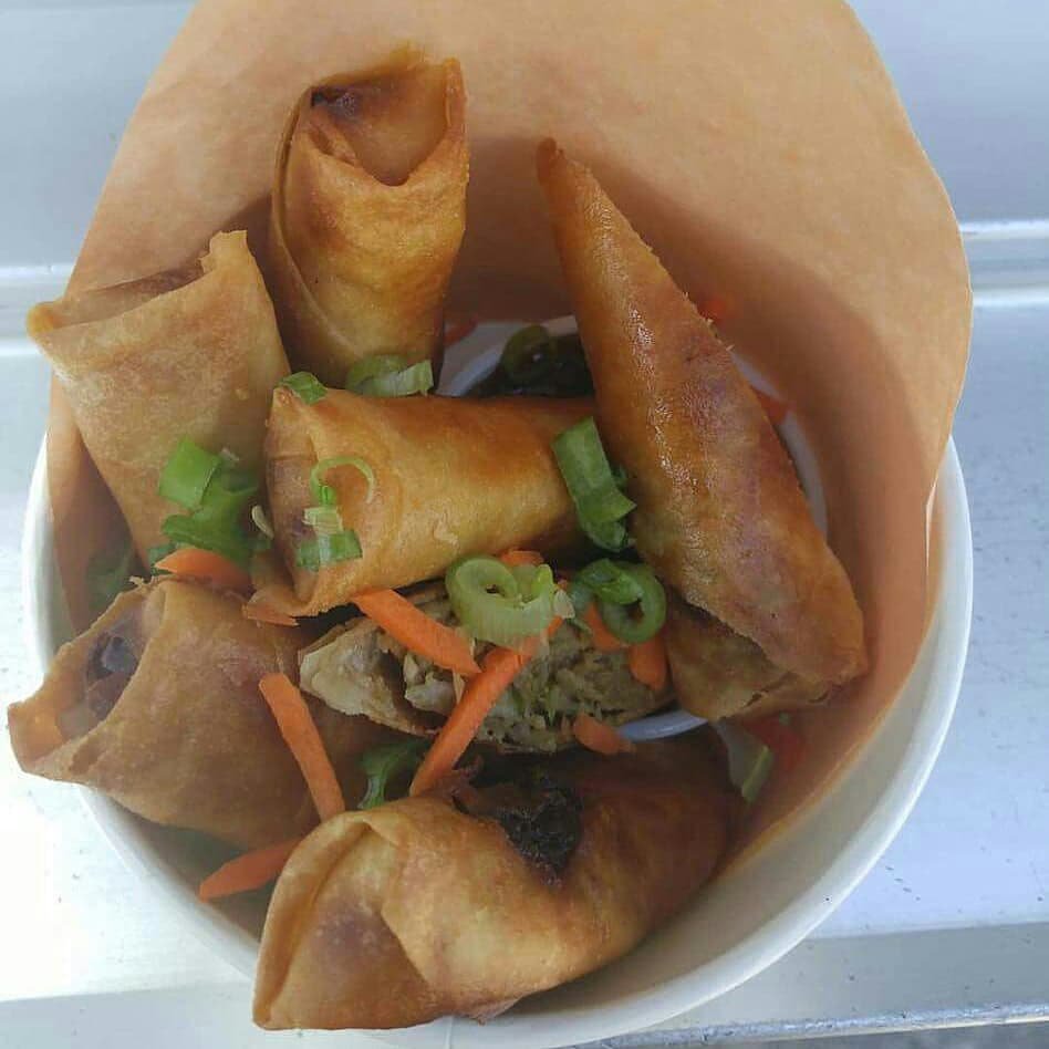 GridFood's tweet photo. Lunch from 11:00am -1:30pm.
 Try our #jerkporkspringrolls #jerkchickenwrap 
#foodoffthegrid #comehungrygetserved https://t.co/OvWX6bve15