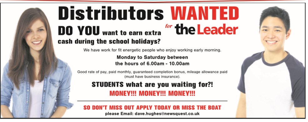 leaderlive's tweet image. 🗞️🗞️ Can you help deliver The Leader during the summer holidays? See our advert for full details