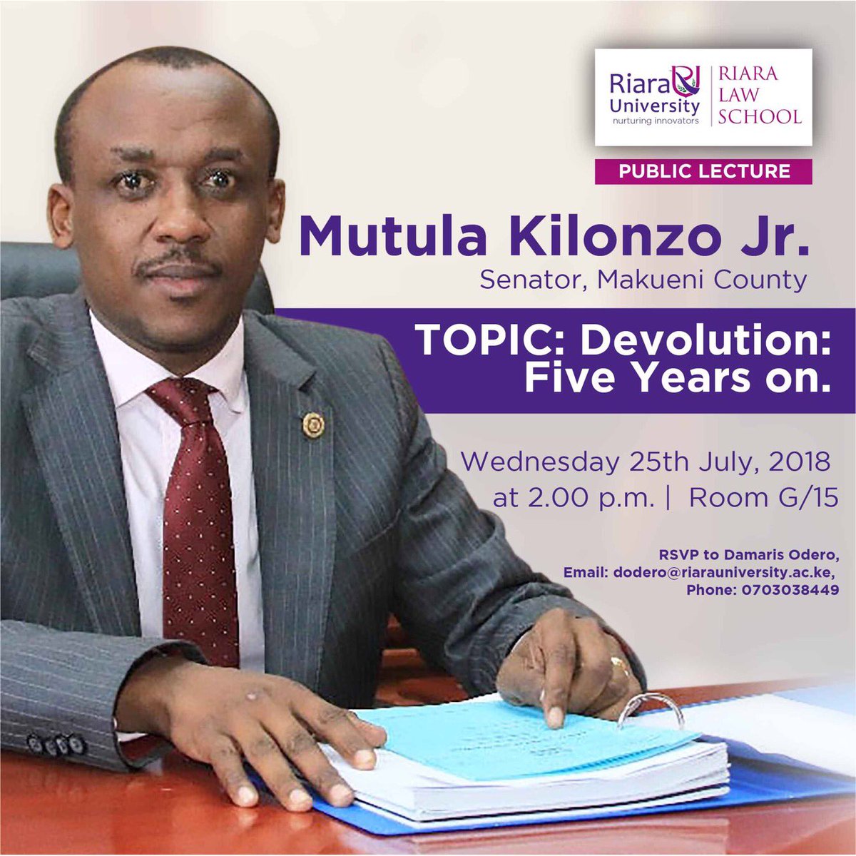 FlorenceShako's tweet photo. Reminder for tomorrow’s event. The keynote address is at 2.15 p.m. we are happy to host Senator Mutula Kilonzo Junior @RiaraUniversity @SenMutula https://t.co/7nIxSp2uUT