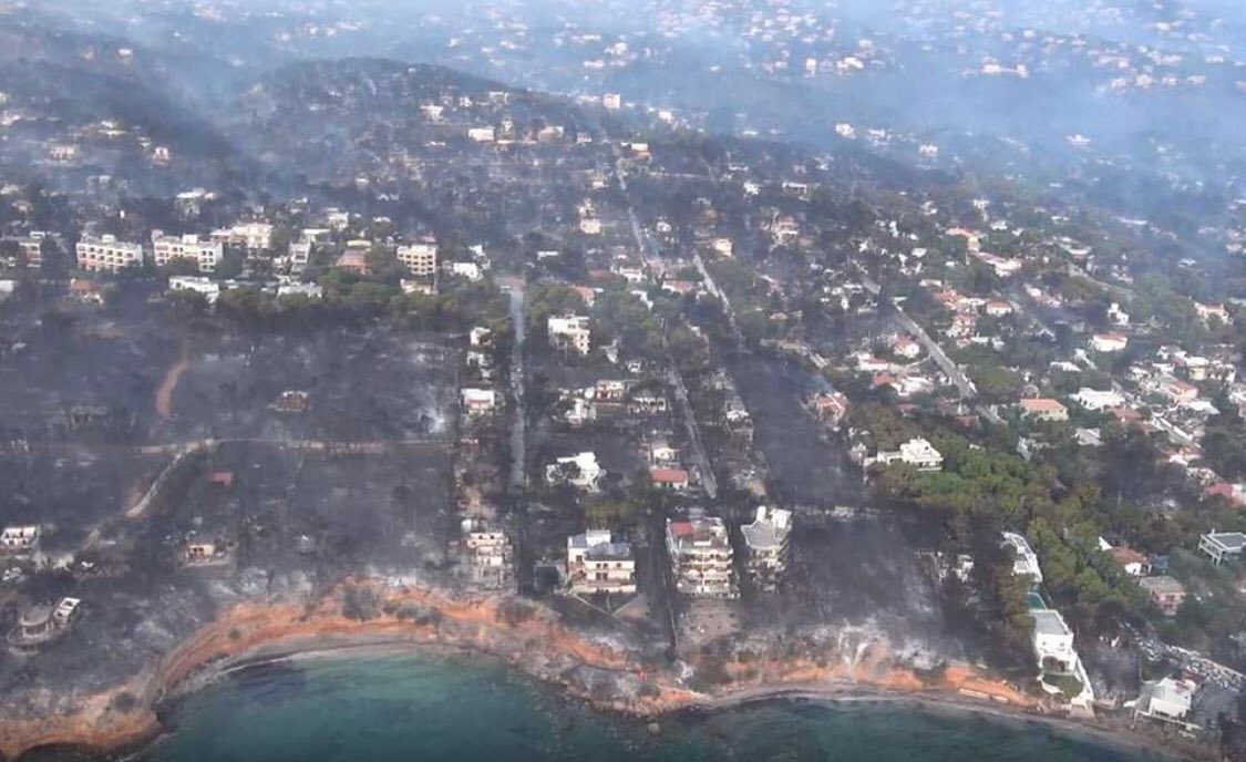 GavinLeeNews's tweet image. Helicopter aerial footage of the extent of the #Greek #wildfires across the coastal areas of #Mati, #Rafina + #NeoMakri  
More than 60 people reportedly killed, as a result of the fires spreading through the forested villages + towns by the sea 
ekathimerini.com/231027/gallery…

#πυρκαγια