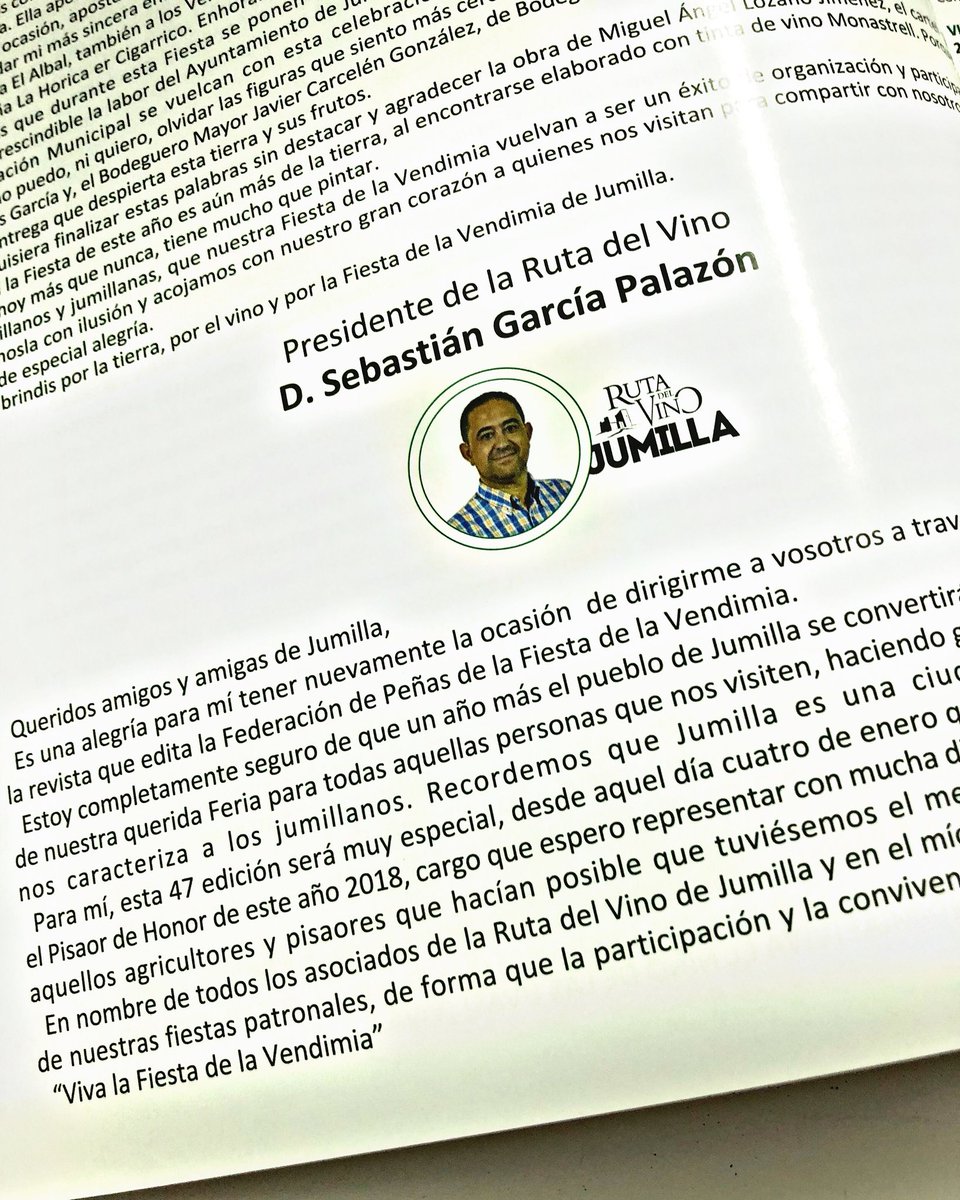 Desde ya puedes leer el saluda de nuestro Presidente en la Revista oficial de la <a href="/ffiestavendimia/">Fiesta de la Vendimia Jumilla</a> de Jumilla.
👏🏽🍇🍷🎉
.
.
#JumillaEnFeria #FiestaDeLaVendimia #TurismoDelVino #VenAJumilla #RutaDelVino <a href="/VinosJumilla/">Vinos DOP Jumilla</a> #9Agosto #FeriaYFiestas <a href="/AytoJumilla/">Ayuntamiento Jumilla</a>