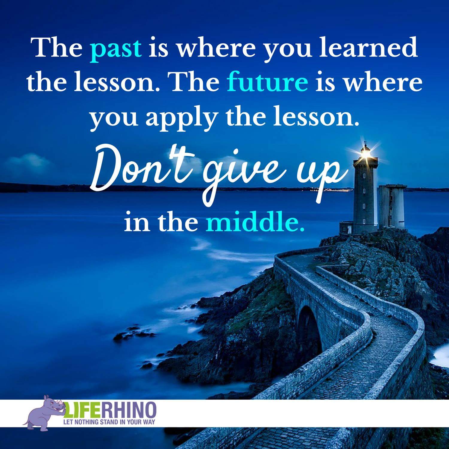 The past is where you learned the lesson. The future is where you apply the  lesson. Don't give up in the middle! - Quotes