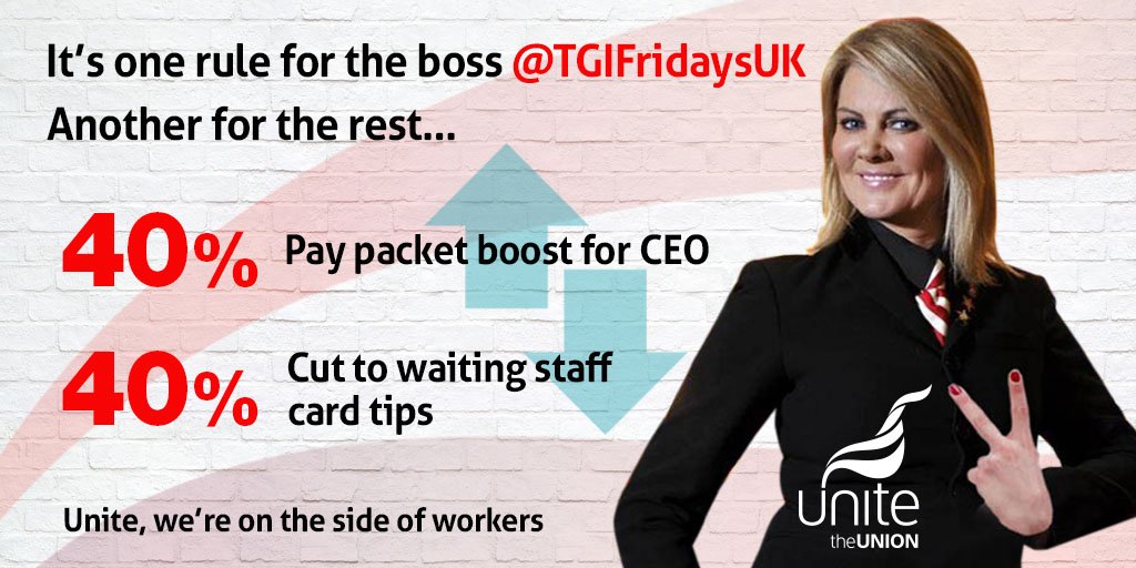 unitetheunion's tweet photo. This is so wrong. Top @TGIFridaysUK boss, Karen Forrester gets a 40% pay RISE, the exact same amount that low paid waiting staff have had CUT  from their card tips >> https://t.co/ukKaaJEPtw 

Are you on the side of workers? Tell @TGIFridaysUK to show staff respect #AllEyesOnTGIs https://t.co/hTZRThCSiT