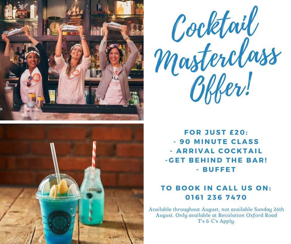 Looking for an activity for a Hen Do? Birthday? Team building? Look no further! For August we're offering £20 Cocktail Masterclasses! 

To book call us on 0161 236 7470 or e-mail bookings-manchester@revolution-bars.co.uk.