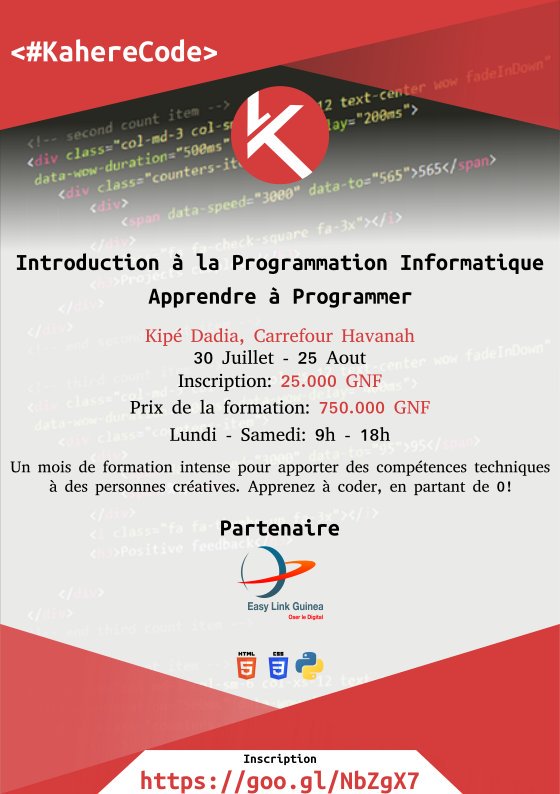 kaheretech's tweet image. Apprenez à coder avec cette formation, apprenez à faire des pages web en HTML et CSS, et à écrire des scripts avec Python. #kaheretech #kaherecode @el_guinea 
Inscrivez-vous sur goo.gl/NbZgX7