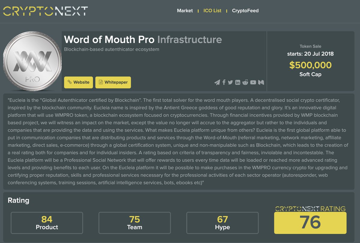 Crypt0Next's tweet image. Word of Mouth Pro #ICO is listed on @Crypt0Next 🥈 (Rating 7⃣6⃣/ 100) cryptonext.com/ico/word-of-mo… 🎖️🏆 @professional_wm