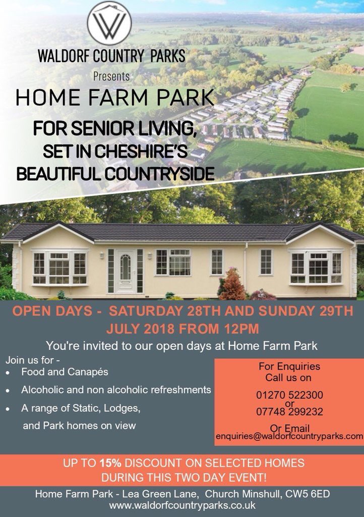 Join us this weekend for our open weekend @ Home Farm Park Saturday 28th &amp; Sunday 29th July to view our luxurious homes.

Save Up to 15% off on selected homes during this 2 day event !! 

For more info please email : enquiries@waldorfcountryparks.co.uk

#homefarmpark #cheshire