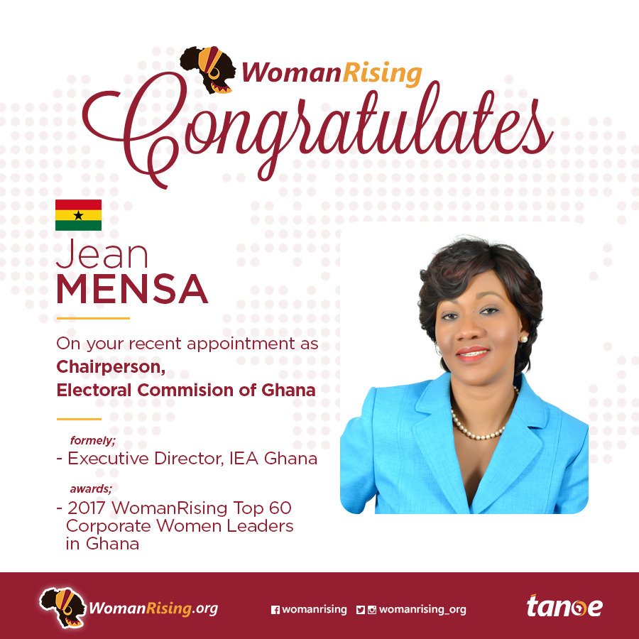 WomanRisingN's tweet photo. WomanRising congrats the newly appointed Chairperson of Ghana's Electoral Commission, Mrs Jean Mensa. 

Before her appointment, she was the Executive Director of @IEAGhana. 

Her appointment was announced by President @NAkufoAddo

#WomanRising #Ghana https://t.co/N4flxDjPoz