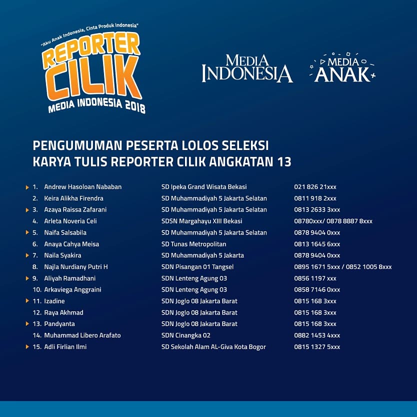 mediaindonesia's tweet photo. Selamat kepada para peserta Reporter Cilik Media Indonesia 2018 yang lolos seleksi karya tulis untuk angkatan ke-13. #RepcilMI2018 https://t.co/sHGzl4bskd
