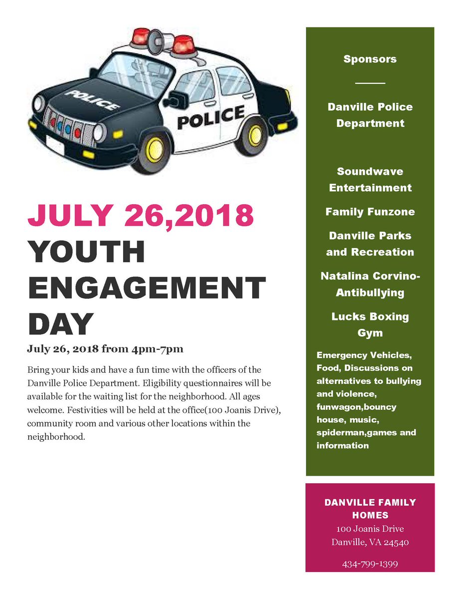 DanvilleVAPD's tweet photo. @DanvillePD's next Community Engagement event set for July 26 at Danville Family Homes. See this and other scheduled events @ https://t.co/7IX8vELhnh https://t.co/i77BkIWex1