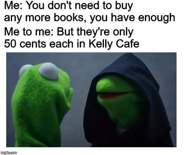 JMKellyFriends's tweet image. Our book sale might be a couple months away, but you can check out our #booksforkellyfurniture 50 cent table in Kelly Cafe anytime!  New books are added to the table weekly 😆 #kellylibrary #kellycafe #uoft #meme #kermitmeme #evilkermit #booksale