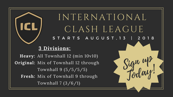 ICL Season 6!
Rules: internationalclashleague.com/rules/

Signup: internationalclashleague.com/sign-up/

Discord: discord.gg/d6EM2gu   or   discord.me/icl