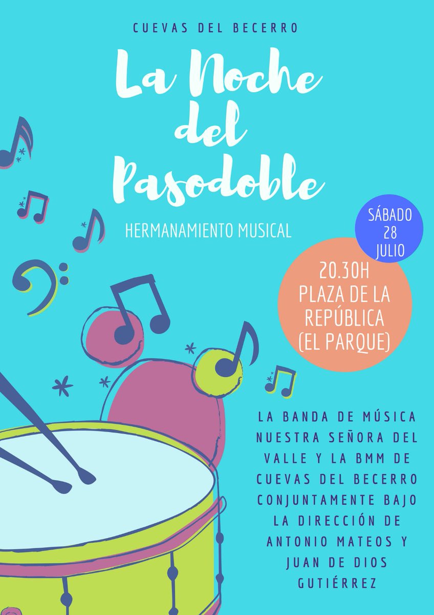 BandaCueva's tweet photo. "La Noche Del Pasodoble" 

🎼Ven a disfrutar con nosotros de una noche 🌕 de música 🎶 acompañado por @BMAlcalaDValle 🎷🎺

Os esperamos!! 🎵🎵

📆28 de julio 

🕣20:30h 

📍 Plaza La República (El Parque) https://t.co/lgzbY5gJIP