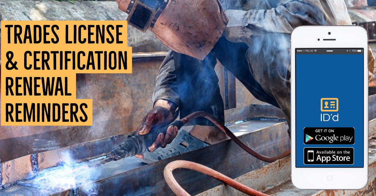 IDDmobileApp's tweet photo. When does your #welders trades license expire? With ID’d on your mobile device, you’ll be reminded in good time! Your Trade License / Certification Reminder App - DOWNLOAD FOR FREE! https://t.co/Fcy9NzzMcH https://t.co/nRwRGavAr1
