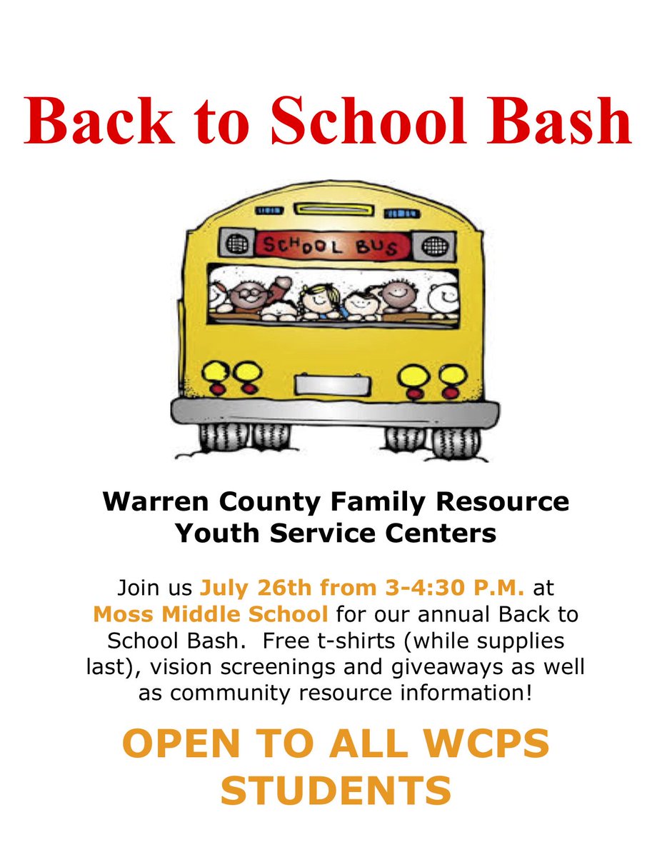 We are just two days away from Warren County FRYSC’s Back to School Bash! Join us on Thursday, July 26th from 3:00-4:30pm at Henry F. Moss Middle School! Details below: