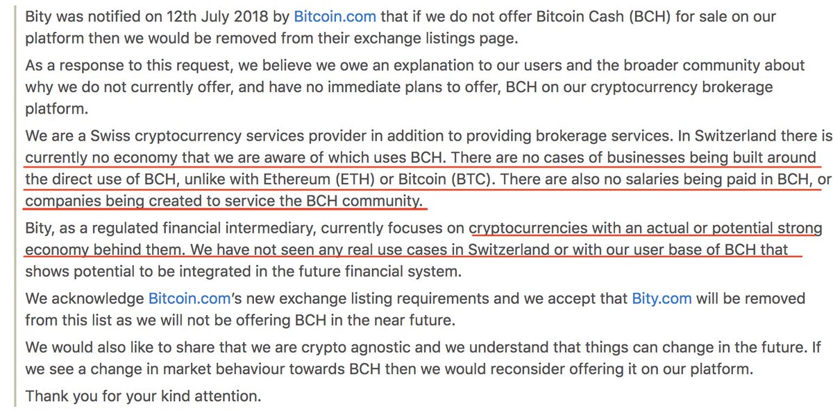 ecurrencyhodler's tweet image. Bitcoin.com emailed @bity threatening to remove them from their website if they don't start offering $BCH. This was their response.

TLDR: No one uses #BitcoinCash (But mah narrative! 😱)
np.reddit.com/r/CryptoCurren…