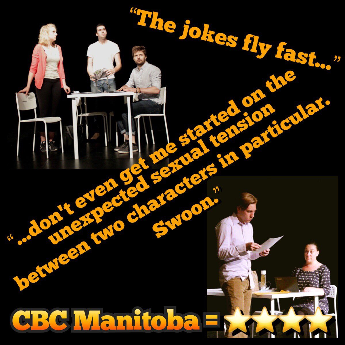 ArtLaunchTC's tweet photo. Swoon 😍 couldn’t have put it better ourselves! Find out which characters @CBCManitoba is referring to tomorrow (Weds) night @ 7pm! Can’t make it then? Fri @ 9:15pm and Sun @ 4:15pm! #TheLast48 #Last48Fringe #WpgFringe #WpgTheatre #Winnipeg https://t.co/kLY3EoWMhT