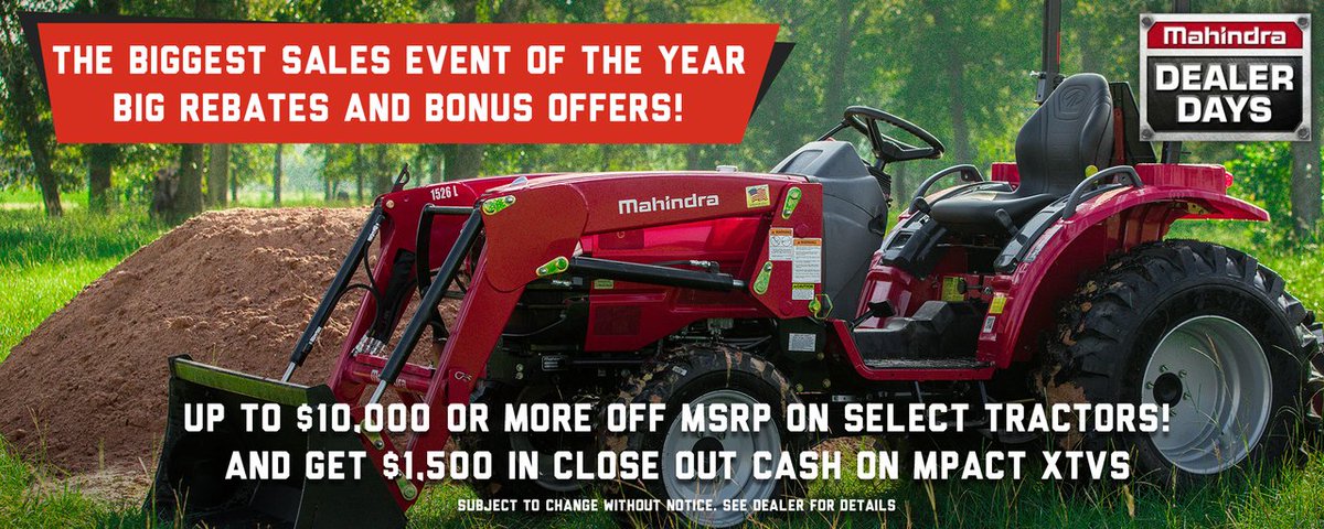 mecomiami's tweet photo. Hurry into Meco Miami for HUGE SAVINGS during the Mahindra Dealer Days! Stop by or call for more details on this and ongoing specials at (305) 592-4332 or direct at (305) 773-7065. https://t.co/mnxqkUDGxi