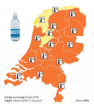 RWSverkeersinfo's tweet photo. Morgen gaat #CodeOranje in vanwege extreme hitte. Geloof ons, je wilt niet in een file terecht komen zonder water. (kaartje van @KNMI) https://t.co/5sIE67YPxD