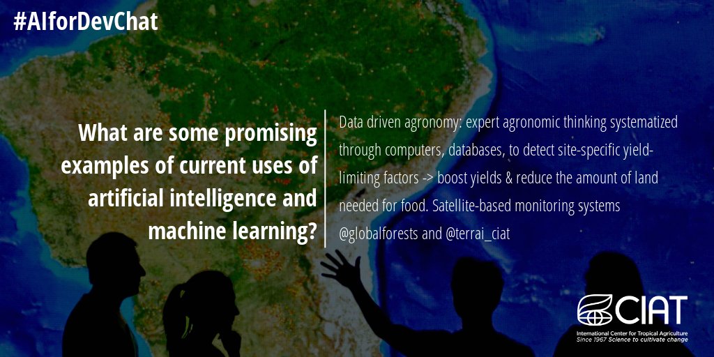 BiovIntCIAT_esp's tweet image. A2: #Datadrivenagronomy: expert agronomic thinking systematized through computers, #databases, to detect site-specific yield limiting factors -&amp;gt; boost yields &amp;amp; reduce amount of land needed for food. Satellite-based monitoring systems @globalforests and @terrai_ciat #AIforDevChat