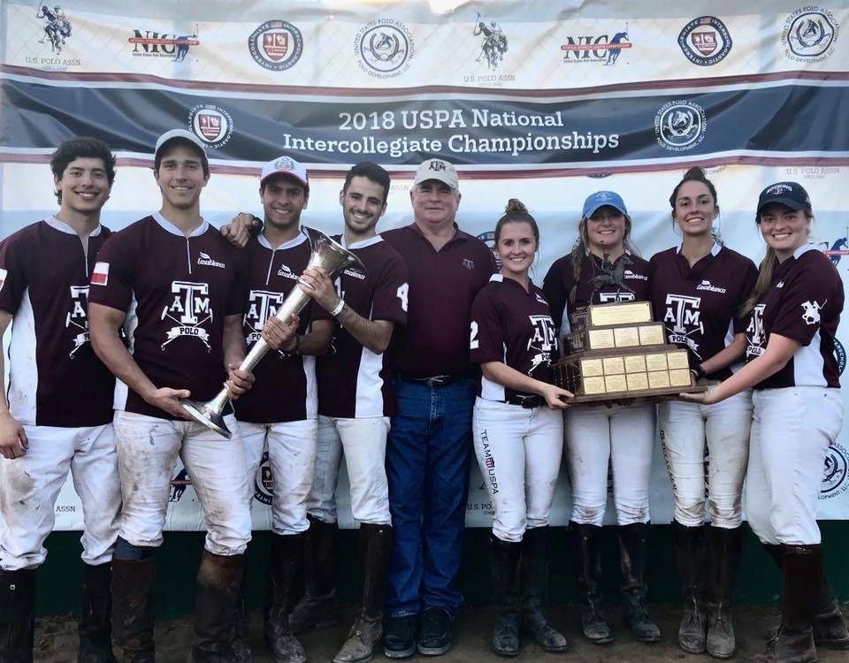mens and womens polo teams standing together holding two trophies in front of a championship banner