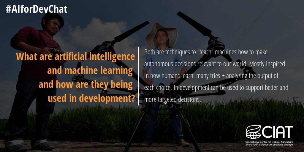 BiovIntCIAT_esp's tweet image. A1: Both are techniques to “teach” machines how to make autonomous decisions relevant to our world. Mostly inspired in how humans learn: many tries + analyzing the output of each choice. In #development can be used to support better and + targeted decisions #AIforDevChat