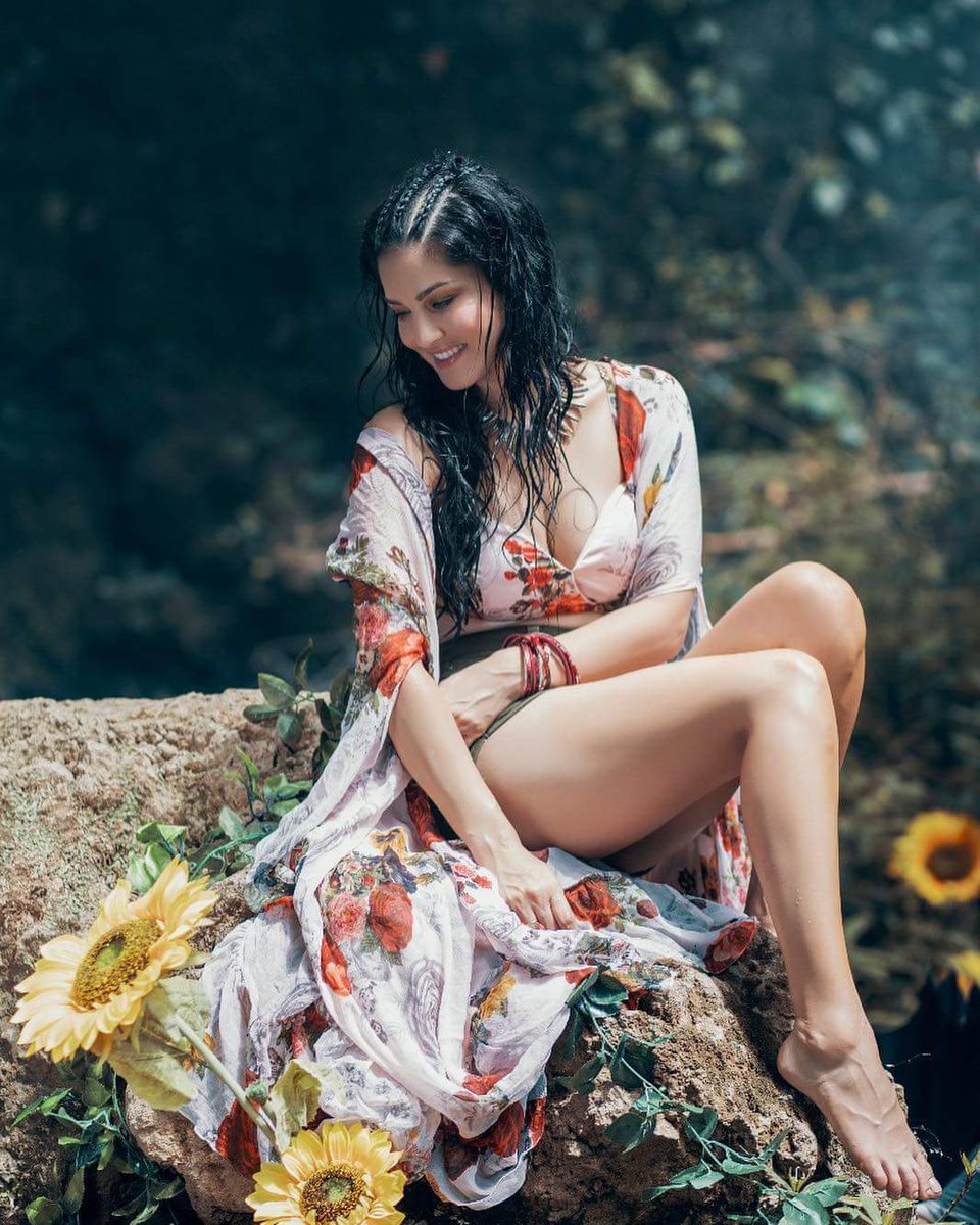 SunnyLeone's tweet photo. Just hanging with sunflowers on a rock!! So much fun 😜 https://t.co/WCYr30dsxp