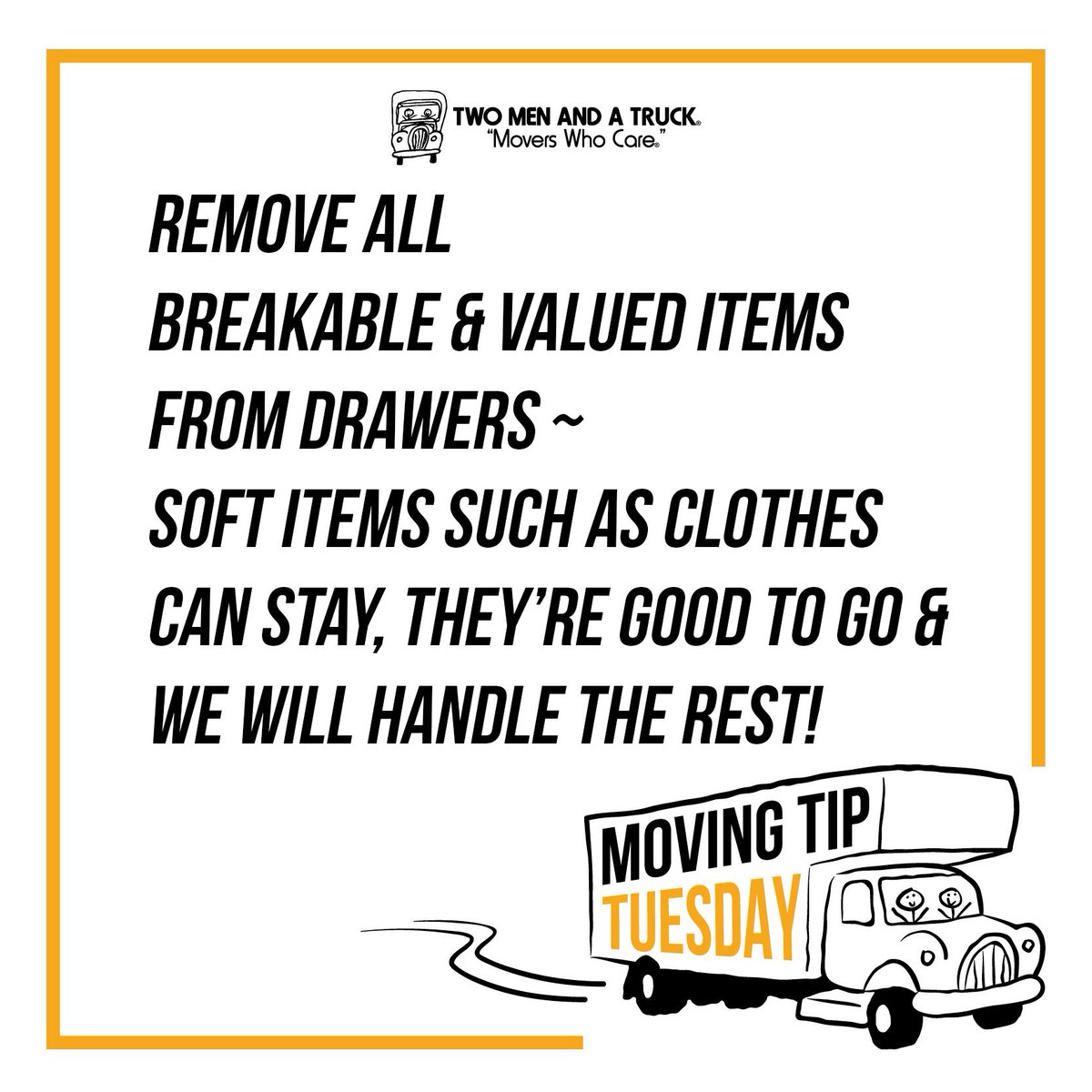 TwoMenCLT's tweet image. Moving Tip Tuesday: What can you keep in drawers? Soft items, such as clothes and towels, can stay but breakable and valuable items should be removed. We will pad and stretch wrap what's left and get it all taken care of! #movingtiptuesday #moveprep #itsmovingday