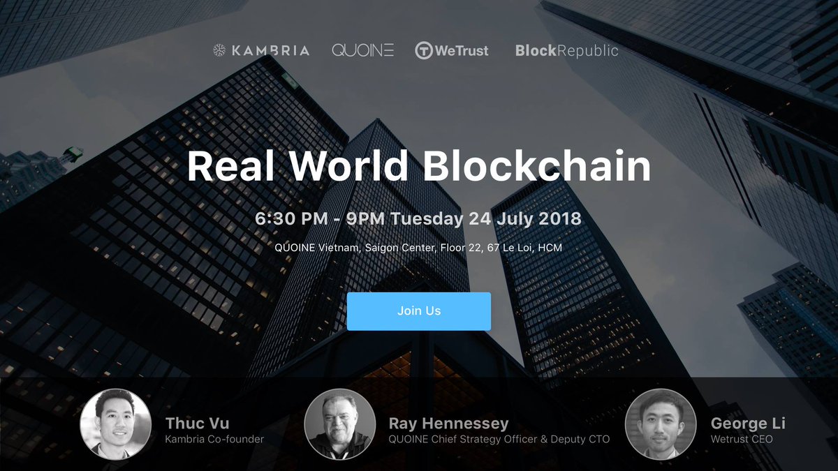 WeTrustPlatform's tweet image. The Real World Blockchain event at QUOINE Saigon office is happening right now! Our CEO George Li will be talking about "Finance on Blockchain" and "Real World Blockchain Use Cases" @QUOINE_SG @WeTrustPlatform @KambriaNetwork
facebook.com/events/2624423…