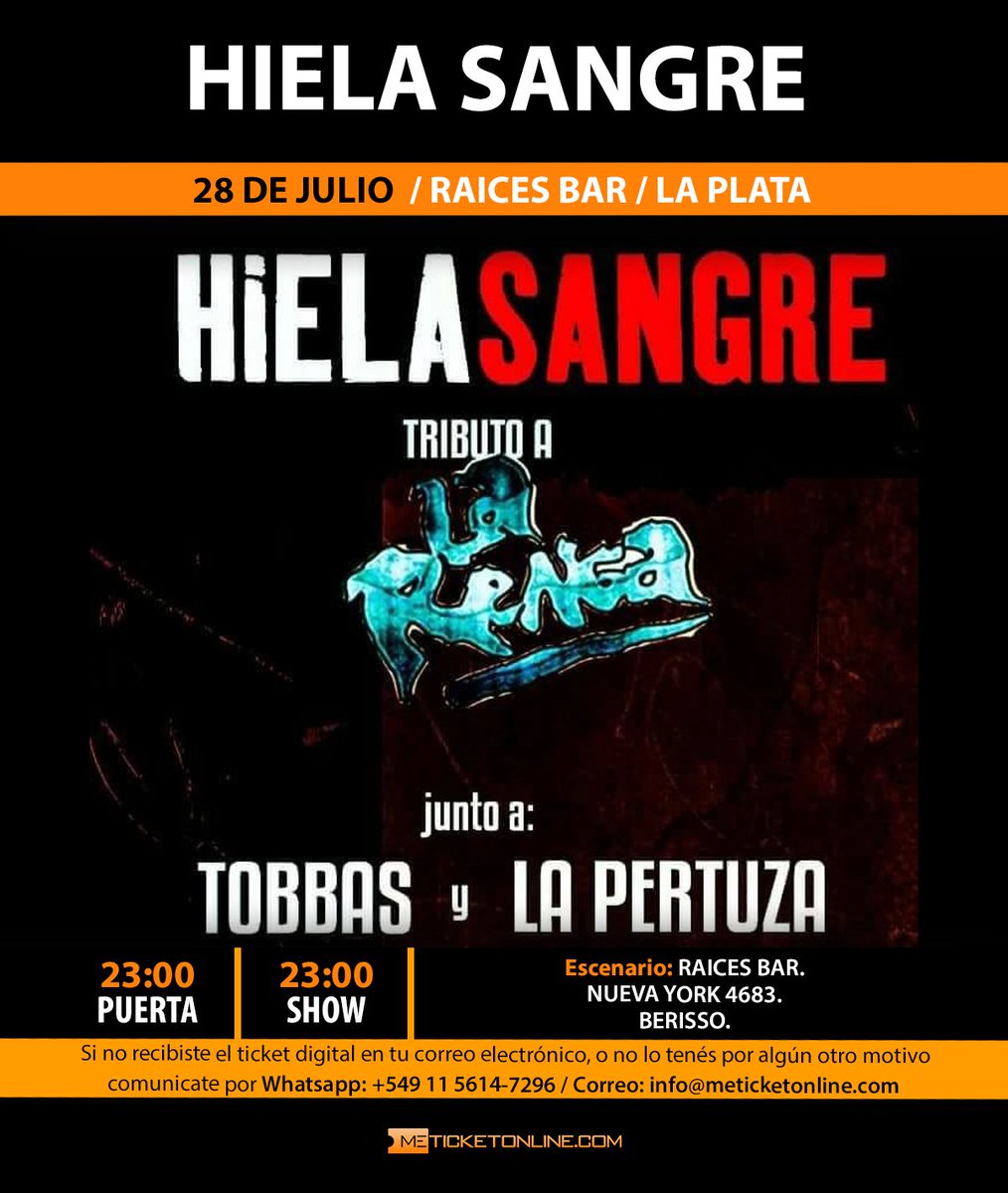 Hielasangre Tributo se presenta el Sábado 28 de Julio en <a href="/RaicesBarBsso/">Raices Bar</a> - Berisso
Junto a <a href="/LapertuzaRock/">LapertuzaRock</a> y Tobbas
Anticipadas Online por <a href="/MeTicketOnline/">Meticketonline</a>  
<a href="/Fiesta_Limon/">Limón Producciones</a>