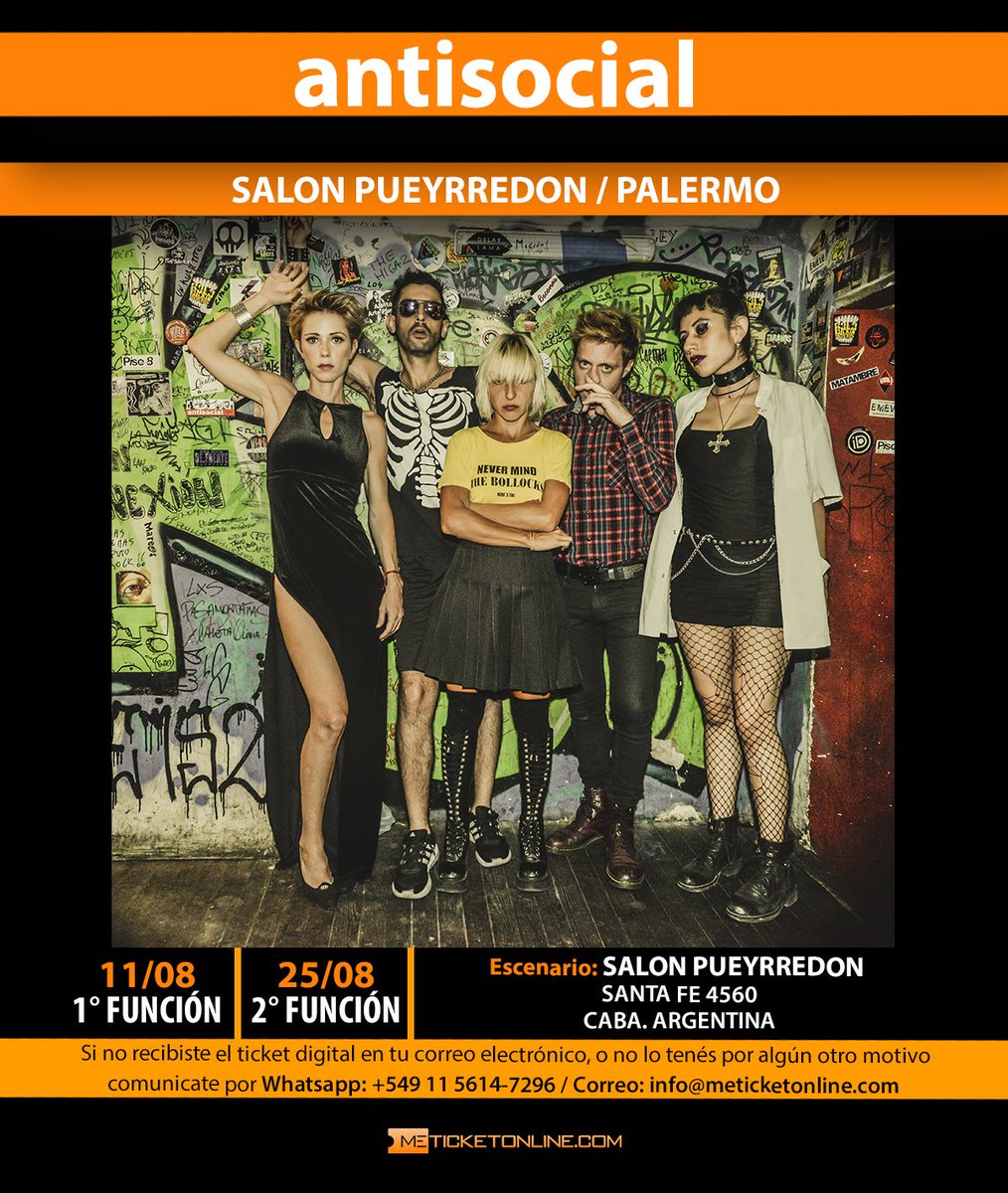 Antisocial se presenta en <a href="/salonpueyrredon/">Salón Pueyrredón</a> 
📆 Sabado 11/08
📆 Sabado 25/08
Anticipadas Online por <a href="/MeTicketOnline/">Meticketonline</a>  - Meticketonline.com
📲🎟🎫
