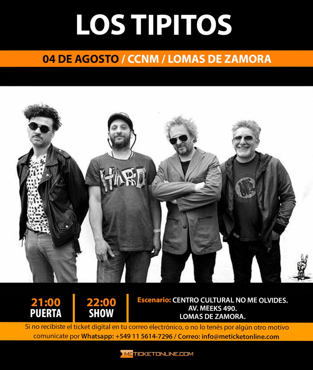 Los Tipitos se presenta el Sábado 04 de Agosto en <a href="/ccnomeolvides/">No Me Olvides</a>  - Lomas de Zamora
Anticipadas Online por <a href="/MeTicketOnline/">Meticketonline</a>  - meticketonline.com
📲