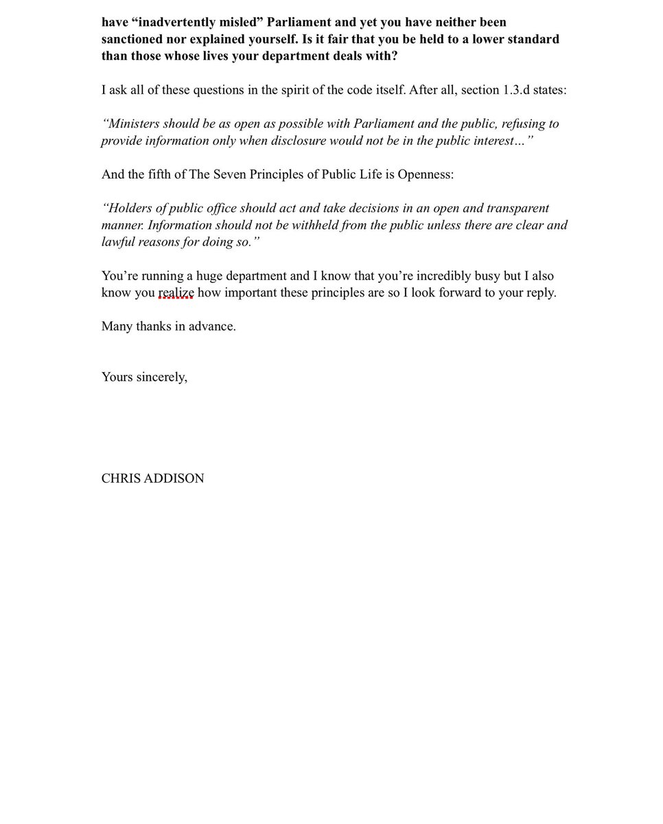 .<a href="/EstherMcVey1/">Esther McVey</a> Hi, Esther. I’ve been trying to ask you these questions over Twitter in the three weeks since you admitted misleading Parliament. You haven’t answered so I hope you will to this more formal approach. Here’s the letter I’ve sent you.