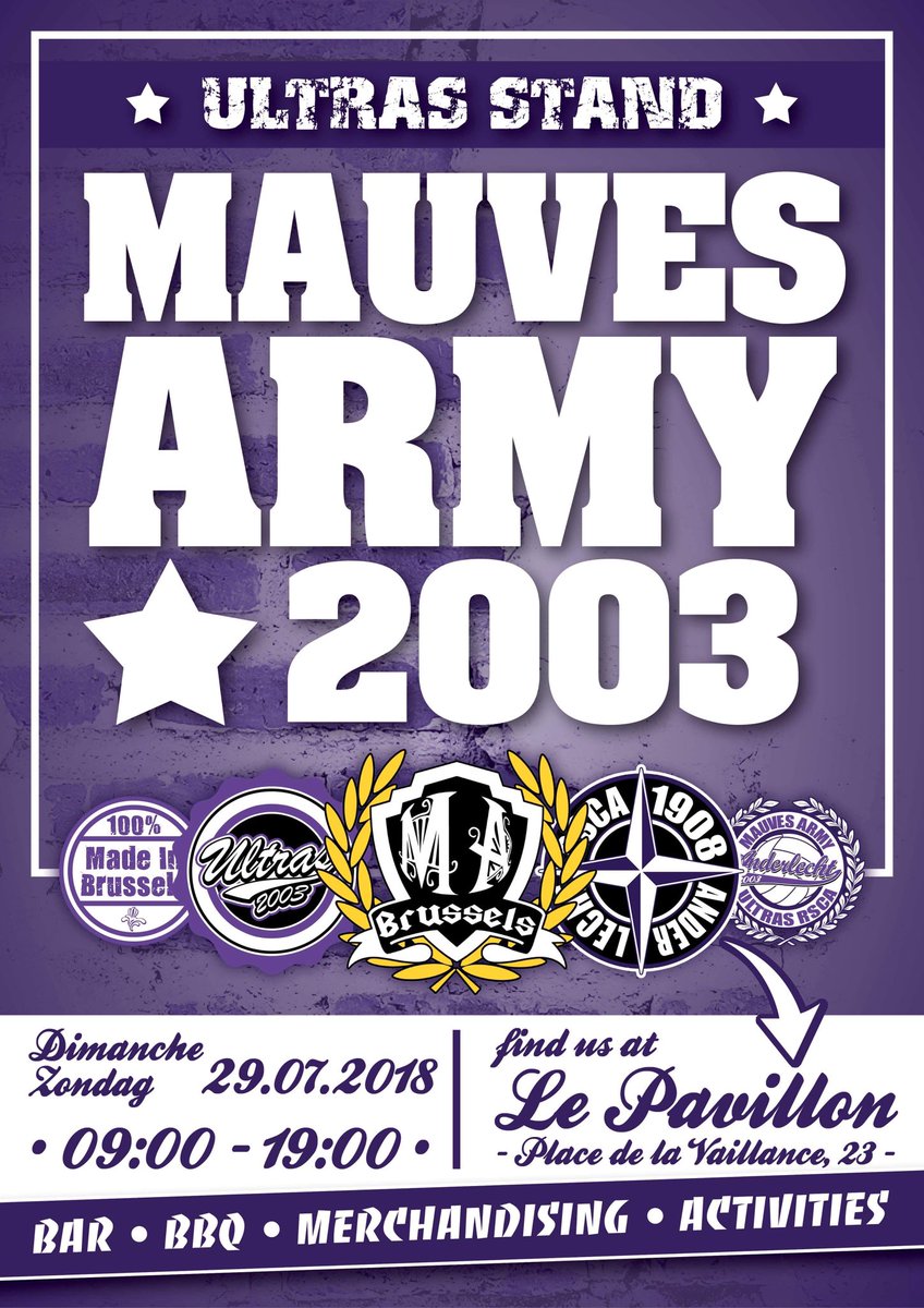 bruxhell's tweet photo. Mauves Army 2003 stand @ #RscaFanDay 29/07/18 Café le Pavillon (métro Saint-Guidon) - 9am-7pm - Bar - Merchandising - BBQ #rsca #MA03 #coym https://t.co/YvgIznDLrA