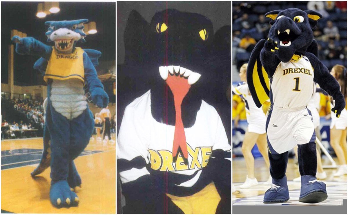 DrexelUniv's tweet photo. For today's #TuesdayThoughts we show you the evolution of Drexel's mascot, @thedrexeldragon over the past 90 years with images from 1999, 2008 and present day Mario 🐲 
https://t.co/JIZSHZYSNK https://t.co/OXrXMsO7pW