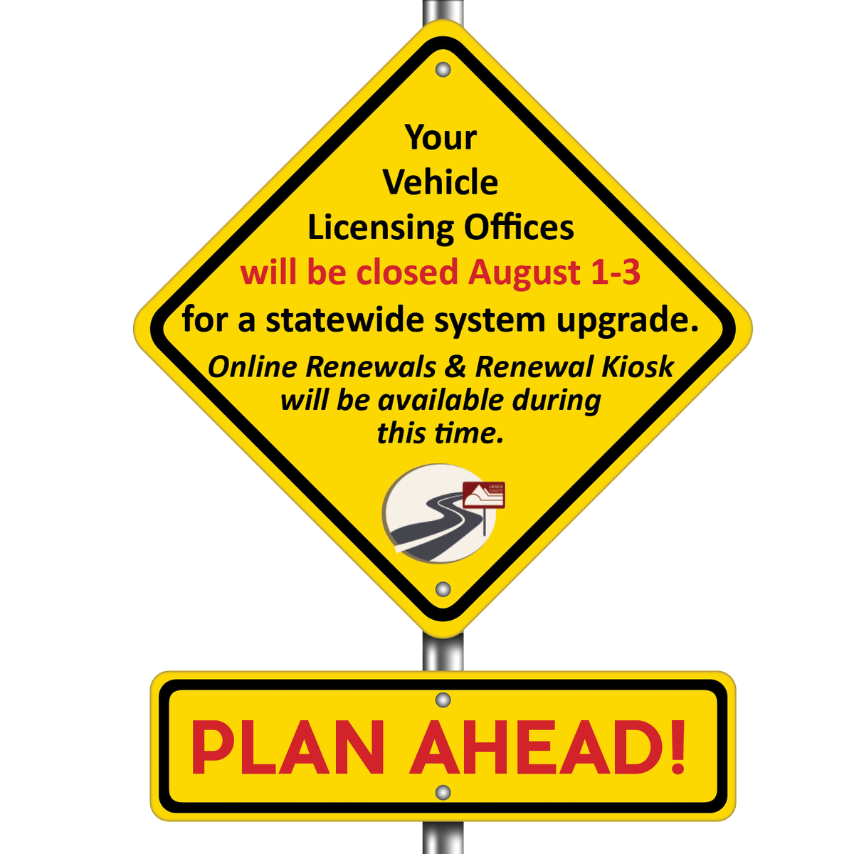 Larimer_Clerk's tweet photo. PLAN AHEAD! Your Vehicle Licensing Offices (Fort Collins, Loveland and Estes Park) will be CLOSED AUGUST 1-3 for a statewide system upgrade. Online Renewals &amp; Renewal Kiosk will be available during this time. New online services coming soon! https://t.co/RQ7QnmIIj8 https://t.co/vyvWsEgRTs