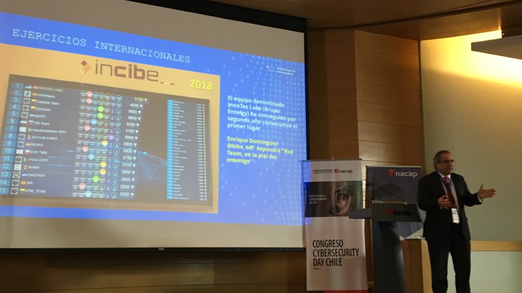 kike_edf's tweet photo. El senador Kenneth Pugh pone como ejemplo el International #CyberEx18 @INCIBE y resalta al ganador de las dos últimas ediciones @InnoTecSystem @entelgy presentes en @CyberSecDay de @IsacaChile dónde más tarde daré una ponencia de #RedTeam https://t.co/iW6AAt7Toe