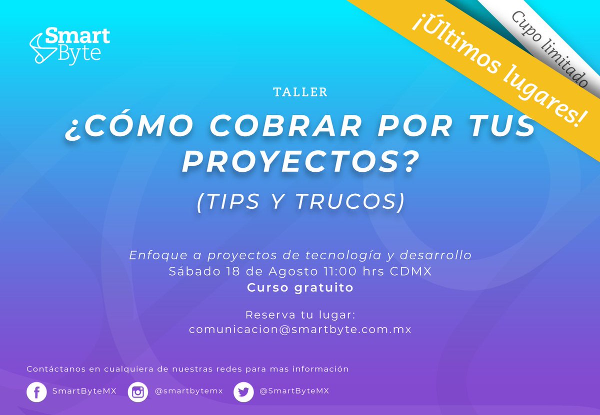 SmartByteMX's tweet image. ¡¡ÚLTIMOS LUGARES para asistir al taller!!
&quot;¿Como cobrar por tus proyectos?&quot;: una guía práctica y sencilla que te ayudará a formalizar y cotizar tus proyectos
Ponte en contacto con nosotros y aparta tu lugar 💻 #Talleres #Cursos #CDMX #Software #Pyme