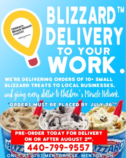 2 FREE MEDIUM BLIZZARD™ TREATS for one lucky follower! 

I need to spread the word about Blizzard™ Delivery to our local businesses and you guys are my greatest helpers! Like this post and RT it for your chance to win 2 FREE medium Blizzard™ treats.  Winner announced Friday