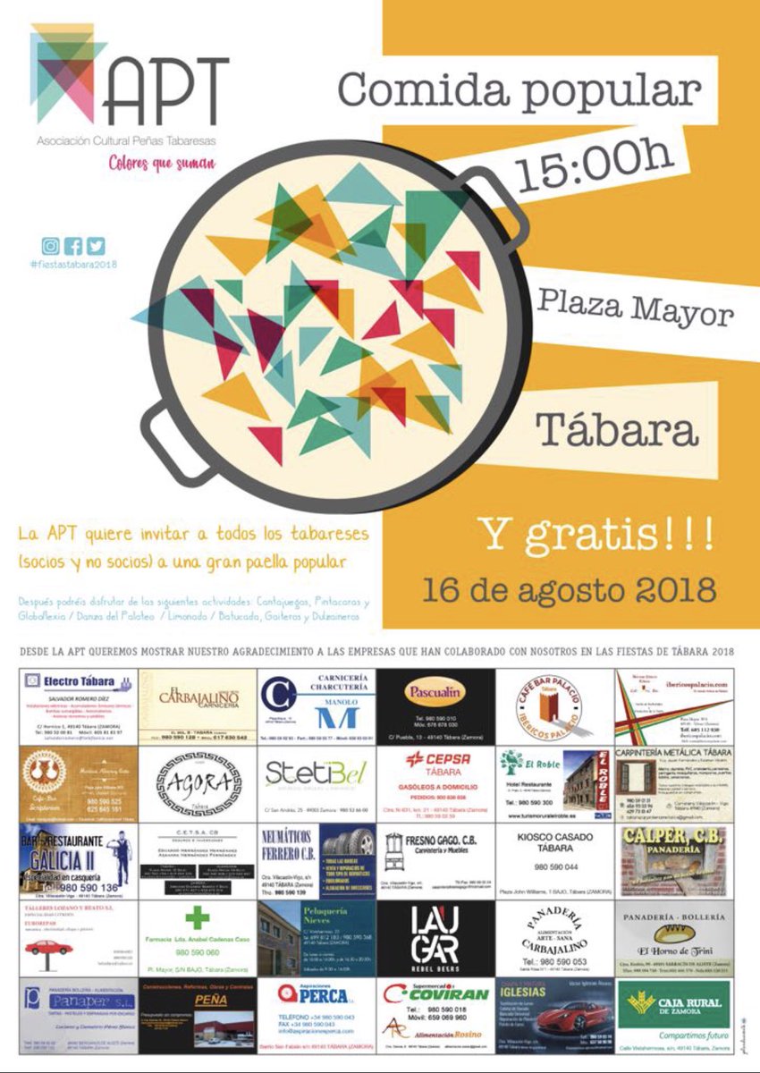 APT_tabara's tweet photo. ¿Os habéis enterado ya de la comida popular del día 16 de agosto? ¡Paella para todos! ¿ Puede haber algo mejor ? ¡Que vivan las fiestas de Tábara! https://t.co/sslWUi2s2A