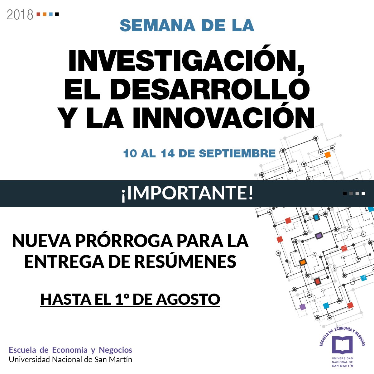 eeyn_unsam's tweet photo. #SIDI 💡| Nueva prórroga para la entrega de resúmenes

Se extiende hasta el 1° de agosto el plazo para el envío de resúmenes para la tercera edición de la Semana de la Investigación, Desarrollo y la Innovación.
#UNSAM #EEyN https://t.co/1nKtDyIwhj